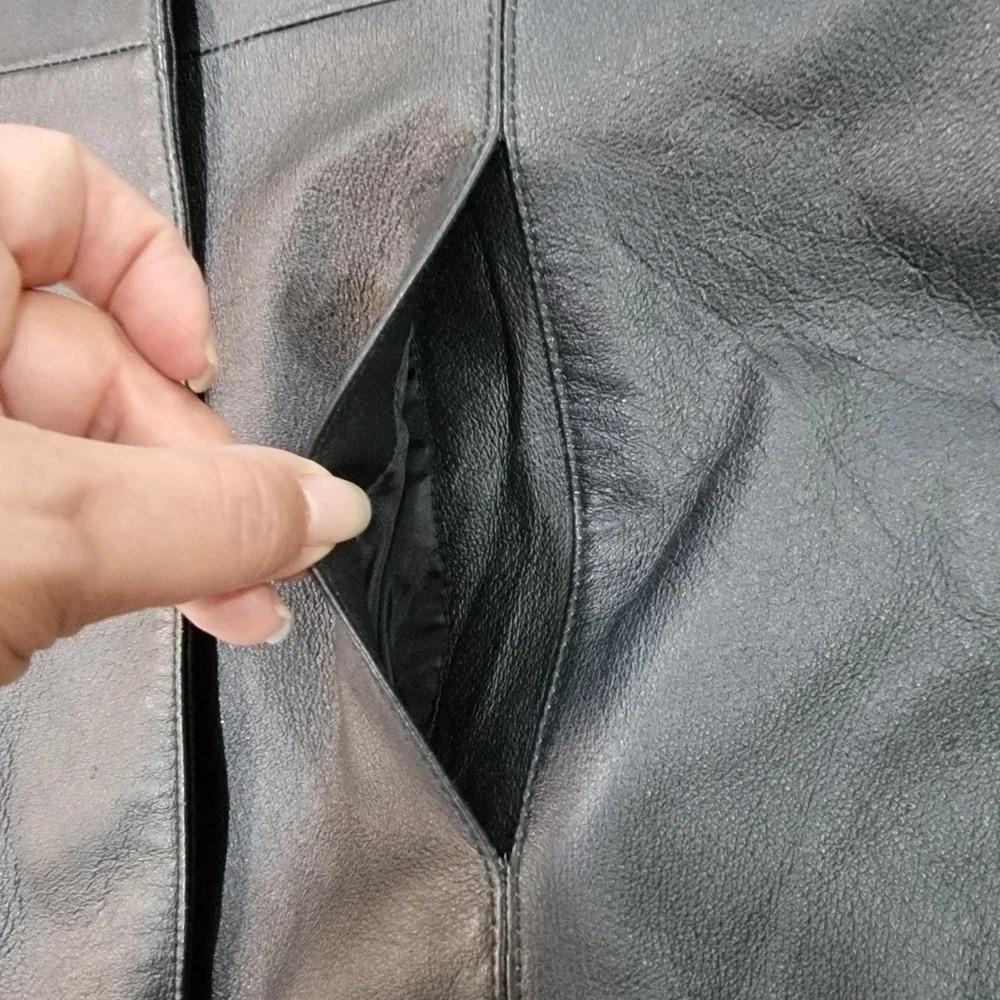 Dialogue Genuine Black Leather Jacket Coat Button Front Pockets Women's Sz Small